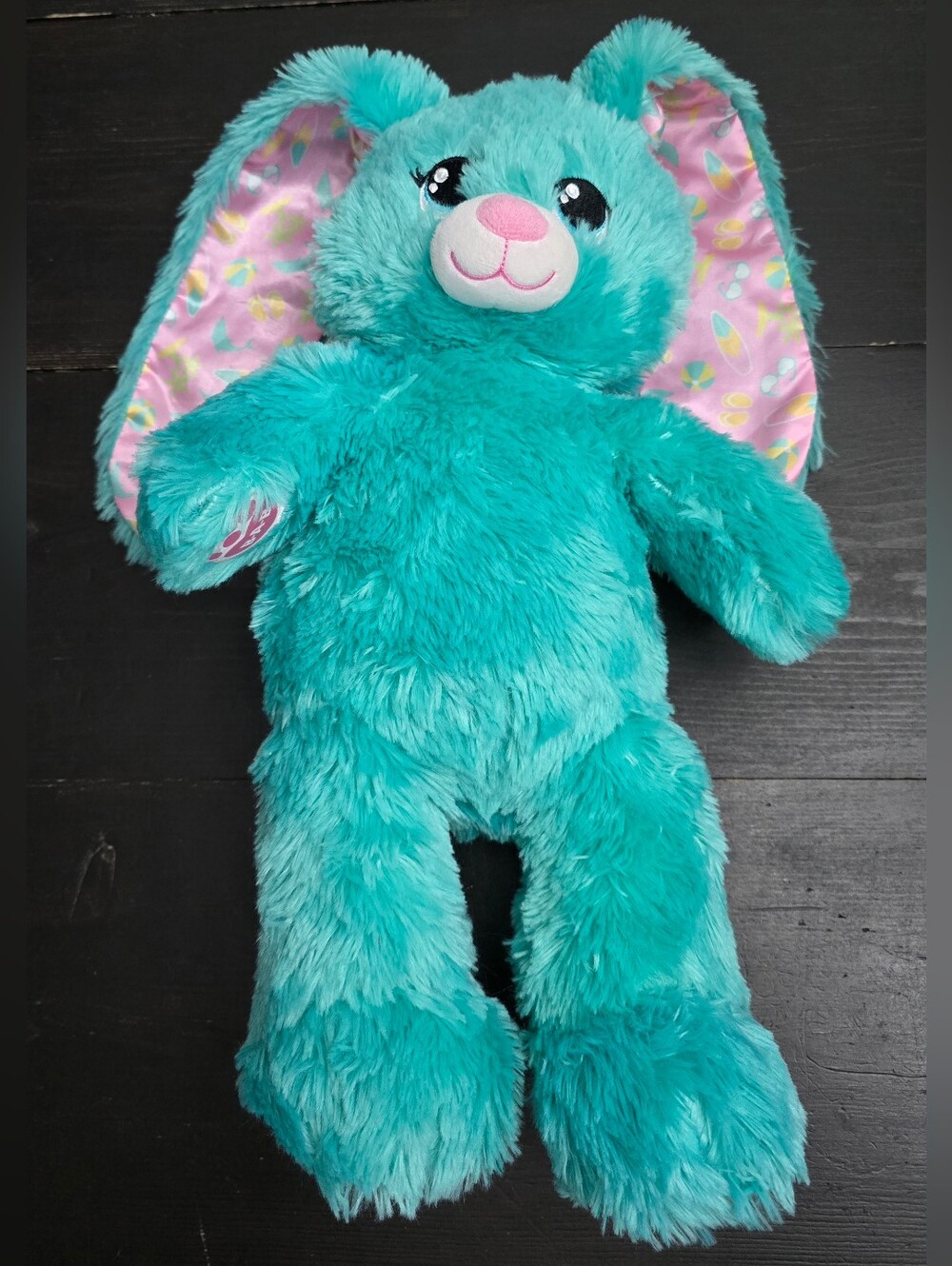 Build A Bear Teal Beach Bunny Rabbit Pink Paw Pads Floppy Ears Plush 16” EUC